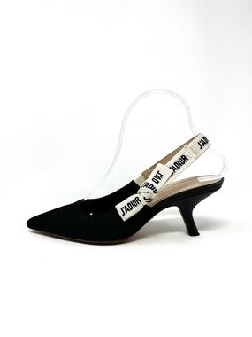 Christian Dior J'Adior Logo Black White Bow Slingback Pumps Kitten Heels 38 8
